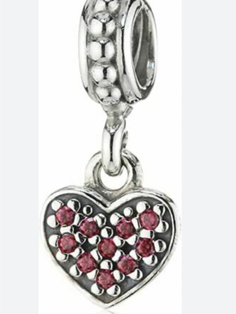 Pandora Retired Silver Pavè Heart Dangle Charm with Red CZ
